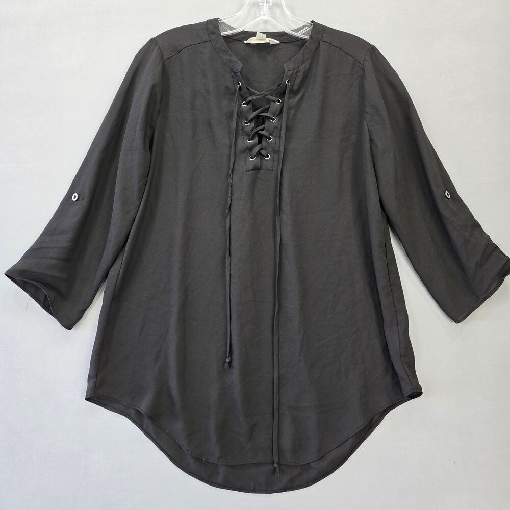 Decree Black Blouse Sheer 3/4 Roll Tab Sleeves Lace Tie Scoop Neck Womens Size M